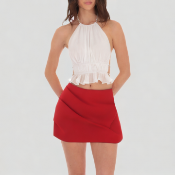 Red Pleated Hip wrapped Short Skirt