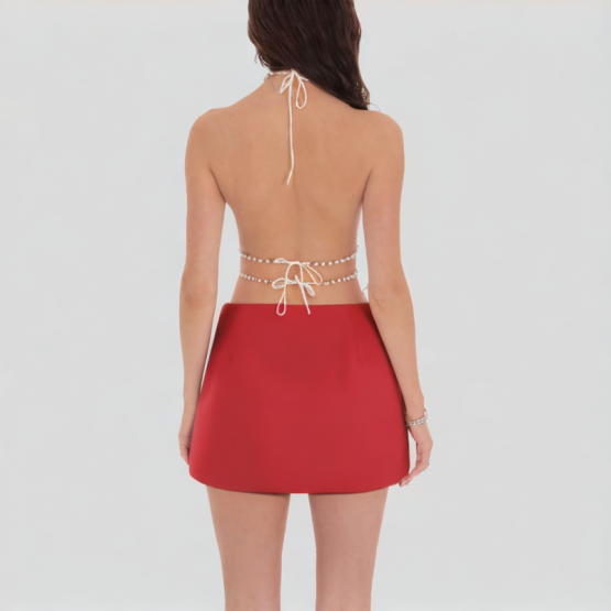 Red Pleated Hip wrapped Short Skirt