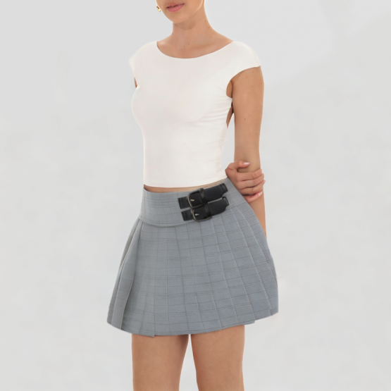 High Waisted Plaid Wide Pleated Short Skirt