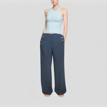 Indigo Button Decorated Wide Leg Jeans
