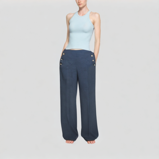 Indigo Button Decorated Wide Leg Jeans