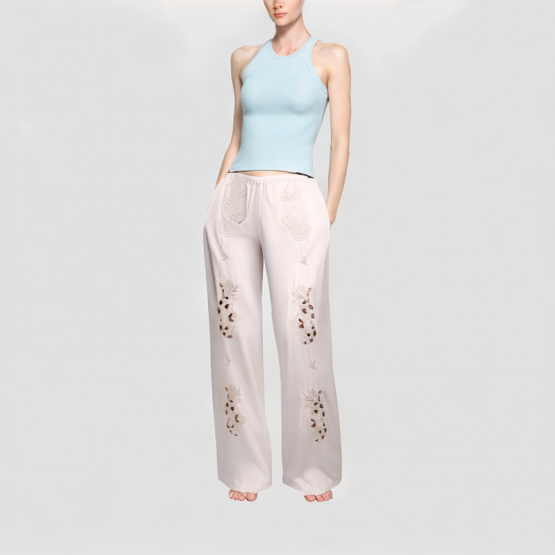 White Embroidered Patch Casual Pants 