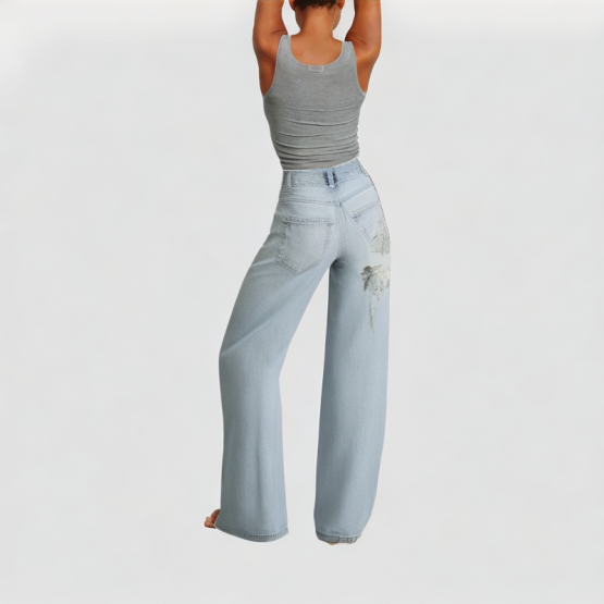 Rhinestone Flower Print Jeans