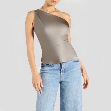 Summer Solid Color Temperament Oblique Shoulder Short Sleeve