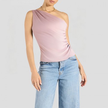 Simple Pleated Oblique Shoulder Short Sleeves