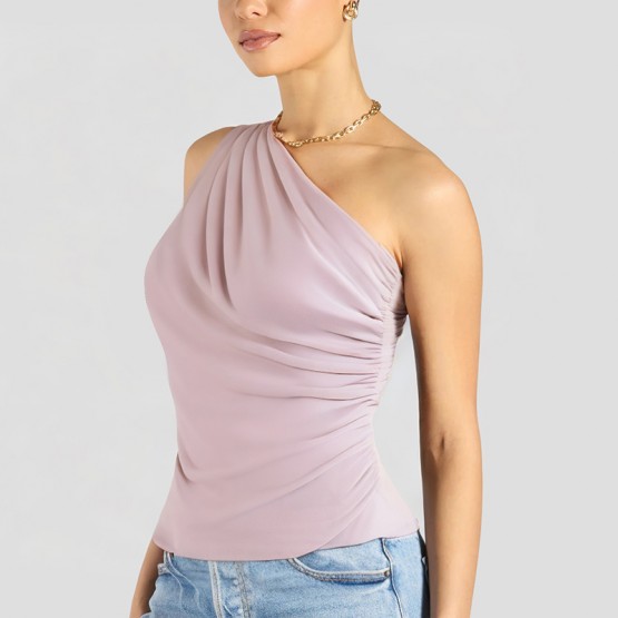 Simple Pleated Oblique Shoulder Short Sleeves