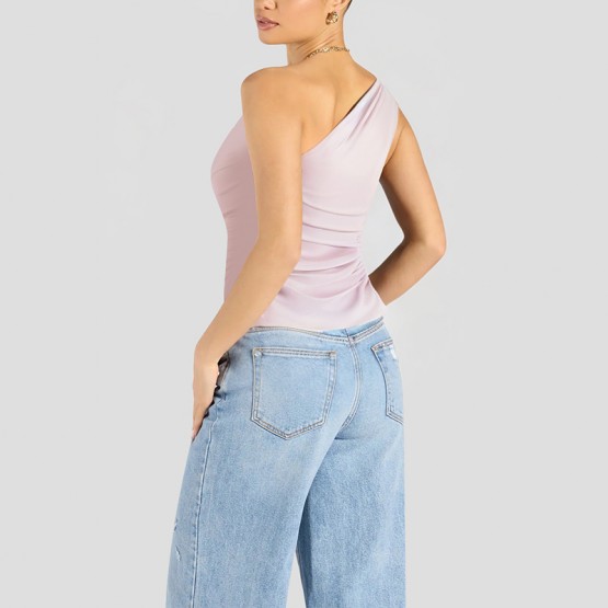 Simple Pleated Oblique Shoulder Short Sleeves