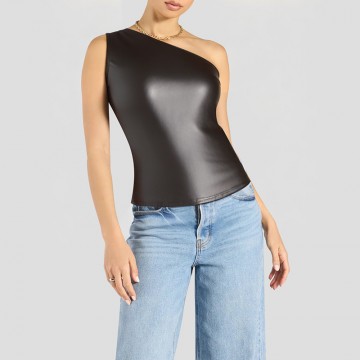 One Shoulder Oblique Collar Zipper Short Sleeved Top