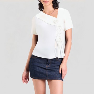 Slant Collar Pleated Short Sleeves