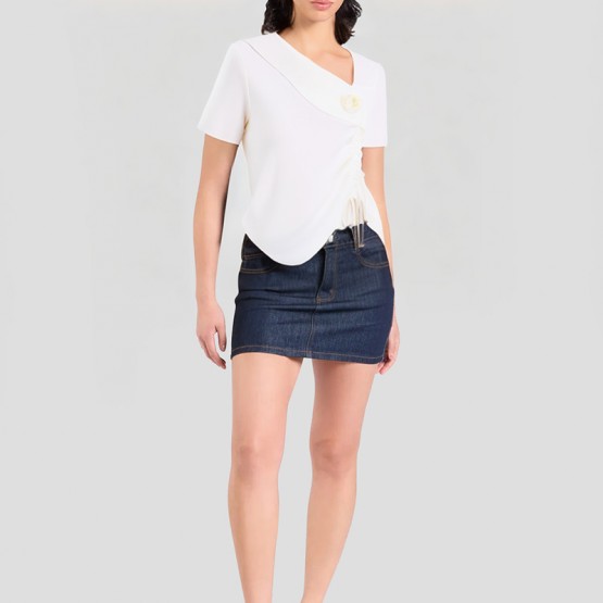 Slant Collar Pleated Short Sleeves