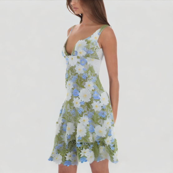 Flower Embroidered Suspender Dress