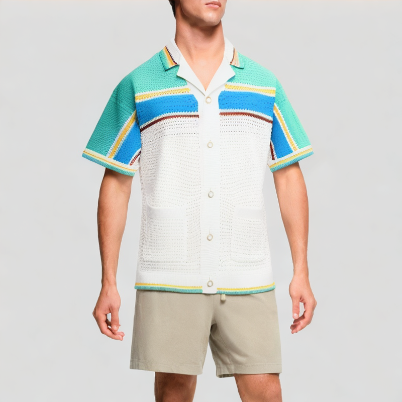 contrast-color-knitted-mesh-short-sleeves