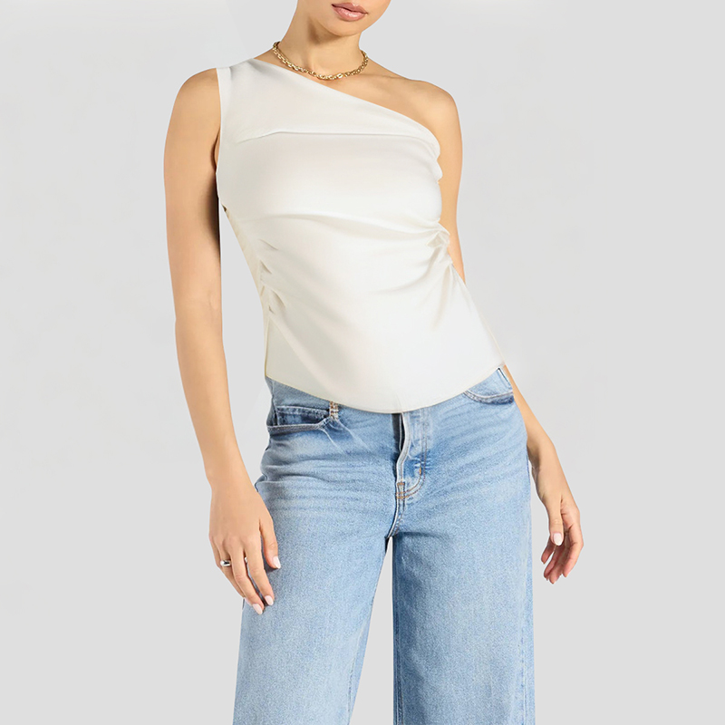 temperament-solid-color-oblique-shoulder-short-sleeve